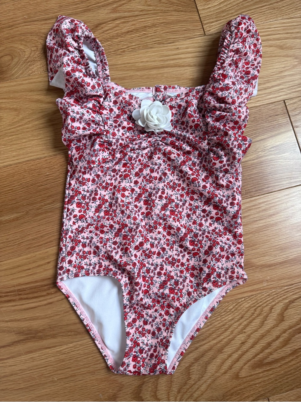 Janie and Jack Pink and Red Floral One-Piece Swimsuit with White Flower